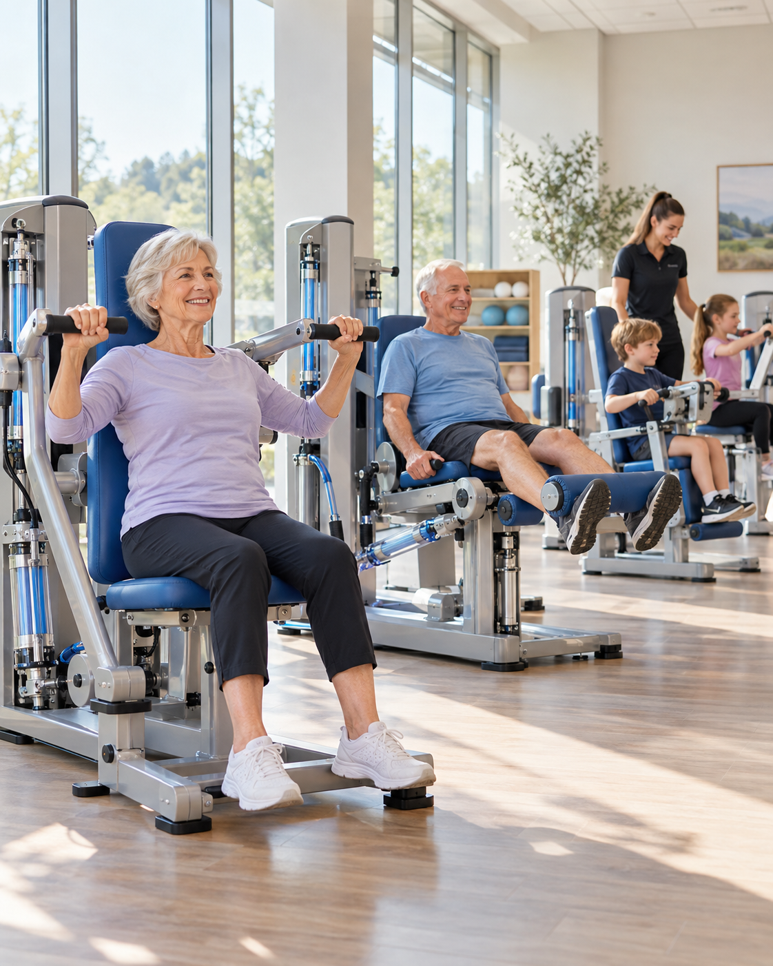 Older adults and children using pneumatic resistance exercise equipment in a bright supervised training environment.